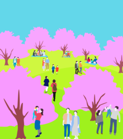 のんびりした花見風景のイラスト。