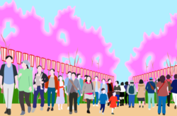 大賑わいの桜祭り会場のイラスト