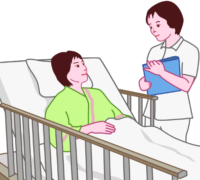 看護師の説明を聞いている女性入院患者のイラスト。