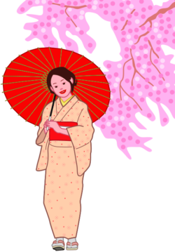 枝垂桜と和傘をさした女性のイラスト