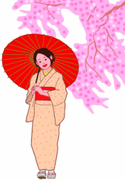 枝垂桜と和傘をさした女性のイラスト