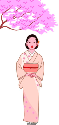 桜の花の下にたたずむ和服美人のイラスト