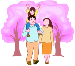 子どもとお花見散歩を楽しんでいる若い夫婦のイラスト。