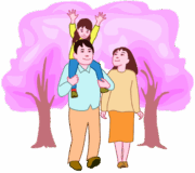 子どもとお花見散歩を楽しんでいる若い夫婦のイラスト。