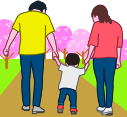 小さな子どもの手を引いてお花見散歩している若夫婦のイラスト