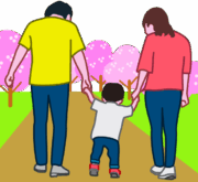 小さな子どもの手を引いてお花見散歩している若夫婦のイラスト