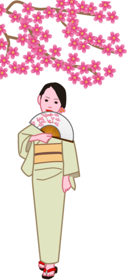 扇子をかざして桜の花の下を歩く着物姿の女性のイラスト