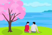 海を見下ろせる丘でお花見デートをしているイラスト