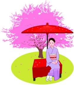 和服姿でお花見を楽しんでいる女性のイラスト