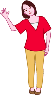 手を振って微笑んでいる女性のイラスト。