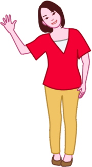 手を振って微笑んでいる女性のイラスト。