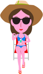 ビーチチェアとトロピカルドリンク ビーチチェアに腰かけて、トロピカルドリンクを飲んでくつろいでいる避暑地の女性のイラスト