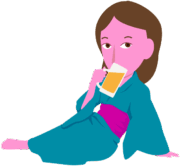 青い浴衣を着てビールを楽しんでいる女性のイラスト