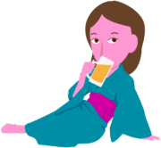 青い浴衣を着てビールを楽しんでいる女性のイラスト