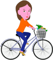 自転車に乗って買物をしている女性のイラスト