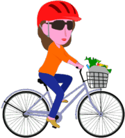 赤いヘルメットをかぶって自転車で買い物をしている女性のイラスト