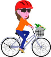 赤いヘルメットをかぶって自転車で買い物をしている女性のイラスト