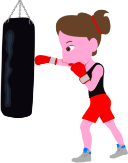 ストレス解消のためにサンドバッグを叩く若い女性のイラスト