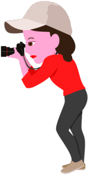 身を乗り出してカメラを構えている女性のイラスト
