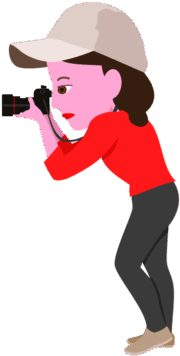 身を乗り出してカメラを構えている女性のイラスト