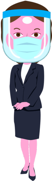 感染対策のためマスクとフェイスシールドを装着して接客している女性社員のイラスト