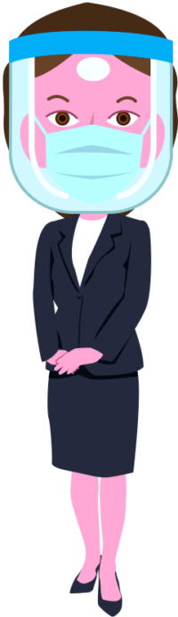 感染対策のためマスクとフェイスシールドを装着して接客している女性社員のイラスト