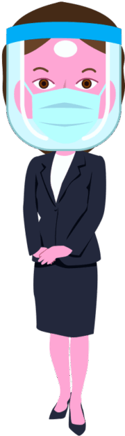 感染対策のためマスクとフェイスシールドを装着して接客している女性社員のイラスト
