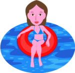 浮き輪 浮き輪に乗って遊んでいる水着姿の若い女性のイラスト