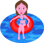 浮き輪に乗って遊んでいる水着姿の若い女性のイラスト