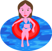 浮き輪に乗って遊んでいる水着姿の若い女性のイラスト