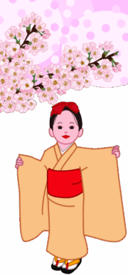 お花見に来た和服姿の可愛い少女のイラスト