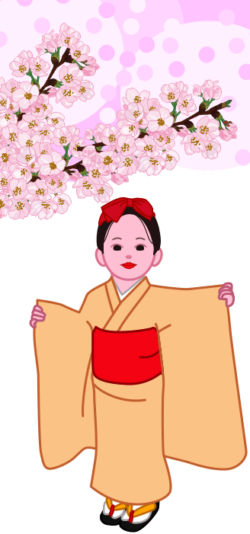 お花見に来た和服姿の可愛い少女のイラスト