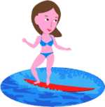 夏の海でサーフィンを楽しんでいる若い女性のイラスト
