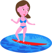 夏の海でサーフィンを楽しんでいる若い女性のイラスト