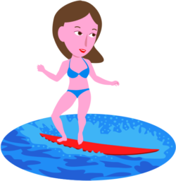 夏の海でサーフィンを楽しんでいる若い女性のイラスト
