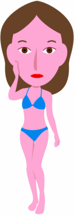 頬に右手をあてて、じっと立っている水着女性のイラスト