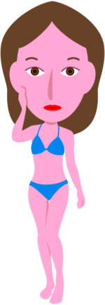 水着女性 頬に右手をあてて、じっと立っている水着女性のイラスト