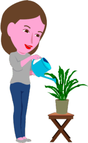 観葉植物に水をかけている笑顔の女性のイラスト
