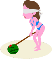 夏の浜辺でスイカ割を楽しむ水着姿の女性のイラスト