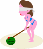 夏の浜辺でスイカ割を楽しむ水着姿の女性のイラスト