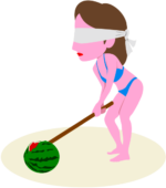 スイカ割 夏の浜辺でスイカ割を楽しむ水着姿の女性のイラスト