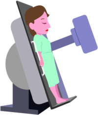 胃のレントゲン検査を受けている女性のイラスト