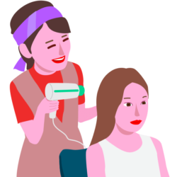 女性客の髪をハンドドライヤーでブローしている女性美容師のイラスト