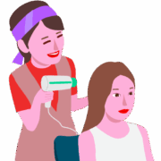 女性客の髪をハンドドライヤーでブローしている女性美容師のイラスト