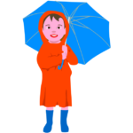 傘と合羽と長靴 雨合羽を着て傘をさしている男の子のイラスト