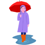 傘と合羽と長靴 雨の日に傘と合羽と長靴姿で外出している女性のイラスト