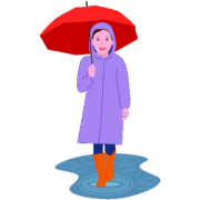 雨の日に傘と合羽と長靴姿で外出している女性のイラスト