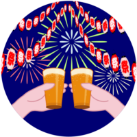 お祭りにビールで乾杯しているイラスト