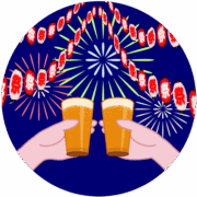 乾杯 お祭りにビールで乾杯しているイラスト