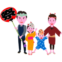お祭りで盛り上がっている家族のイラスト